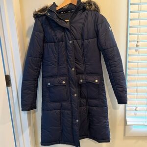 Barbour Navy Puffer Jacket with Fur Hood
